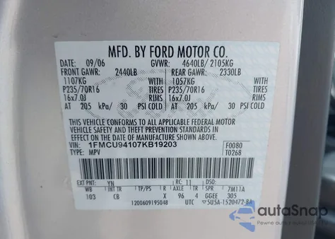 2007 Ford Escape Limited из США, поврежденный, VIN 1FMCU94107KB19203